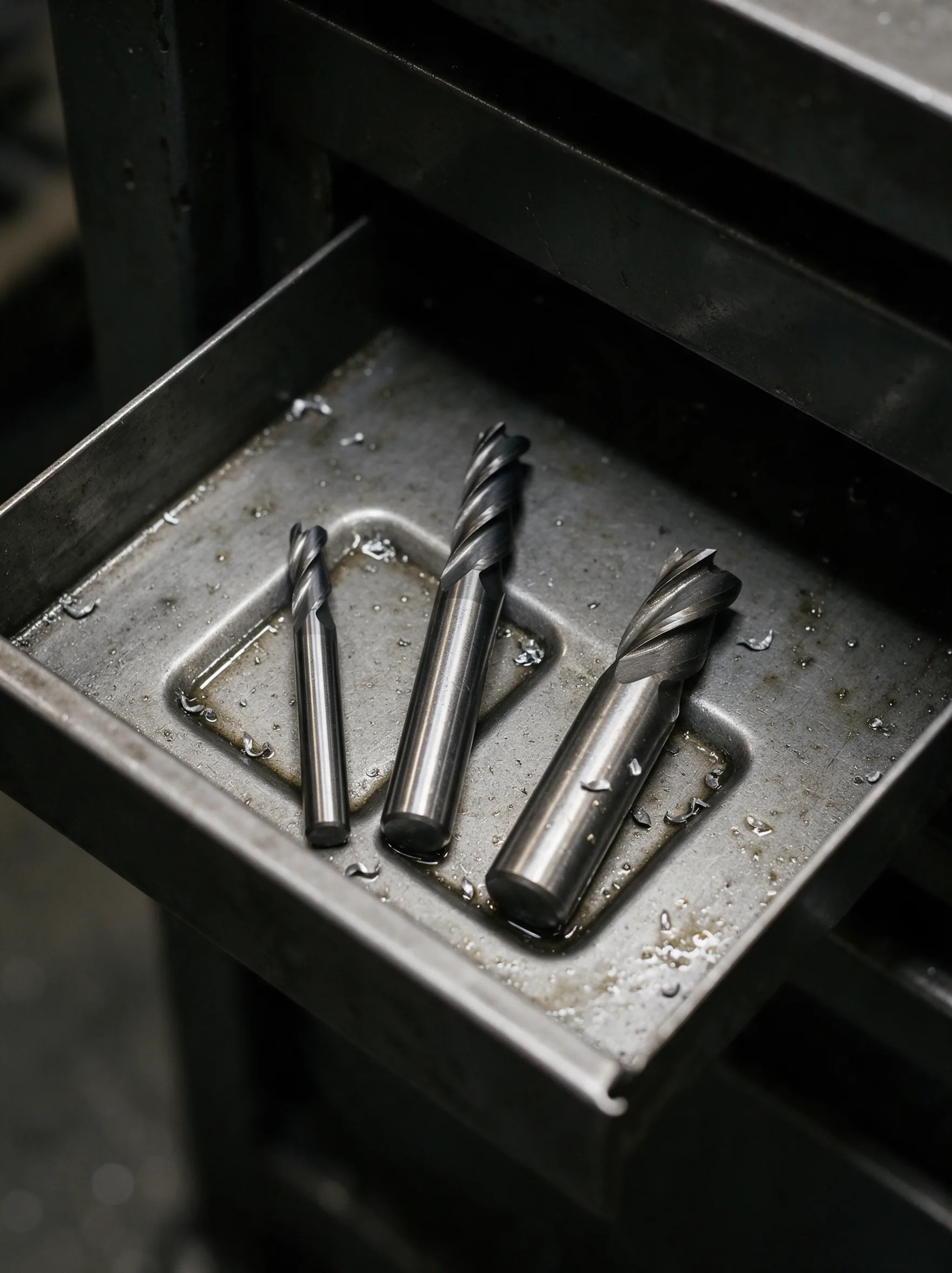 Milling cutters ready in a worn tooling drawer