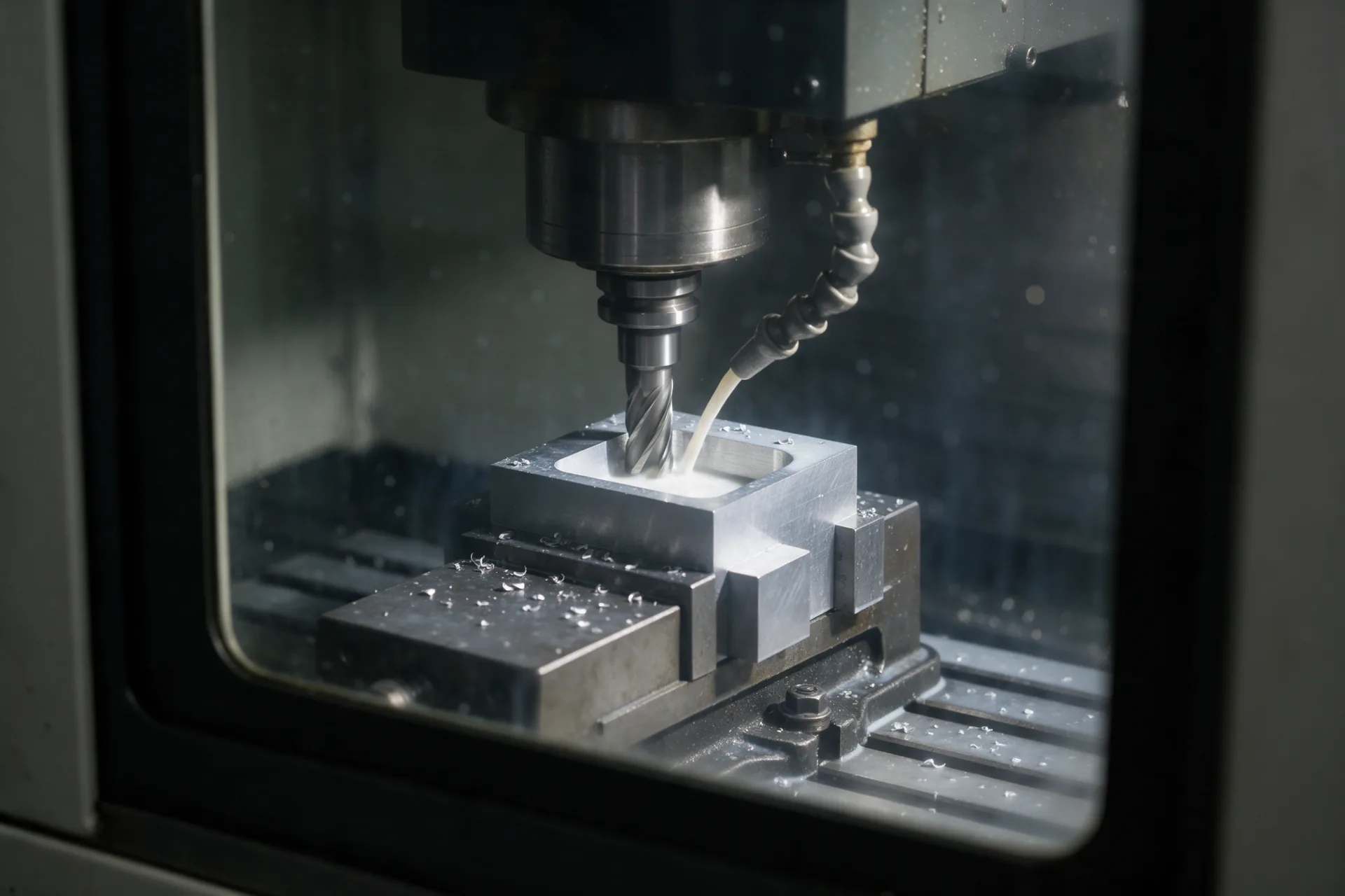 Milling cutter and coolant inside a machine enclosure