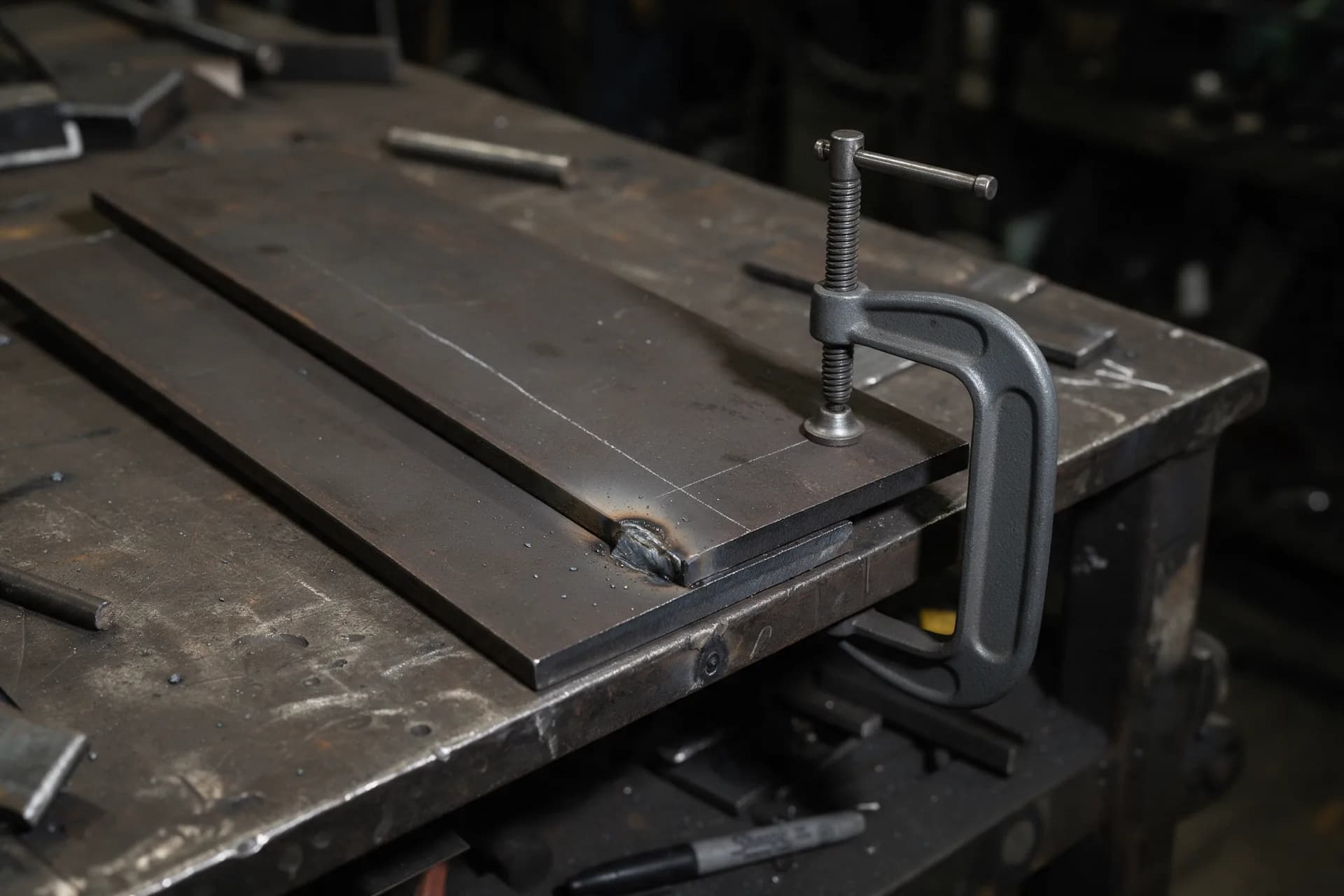 Clamped steel lap joint with a small cooled tack weld