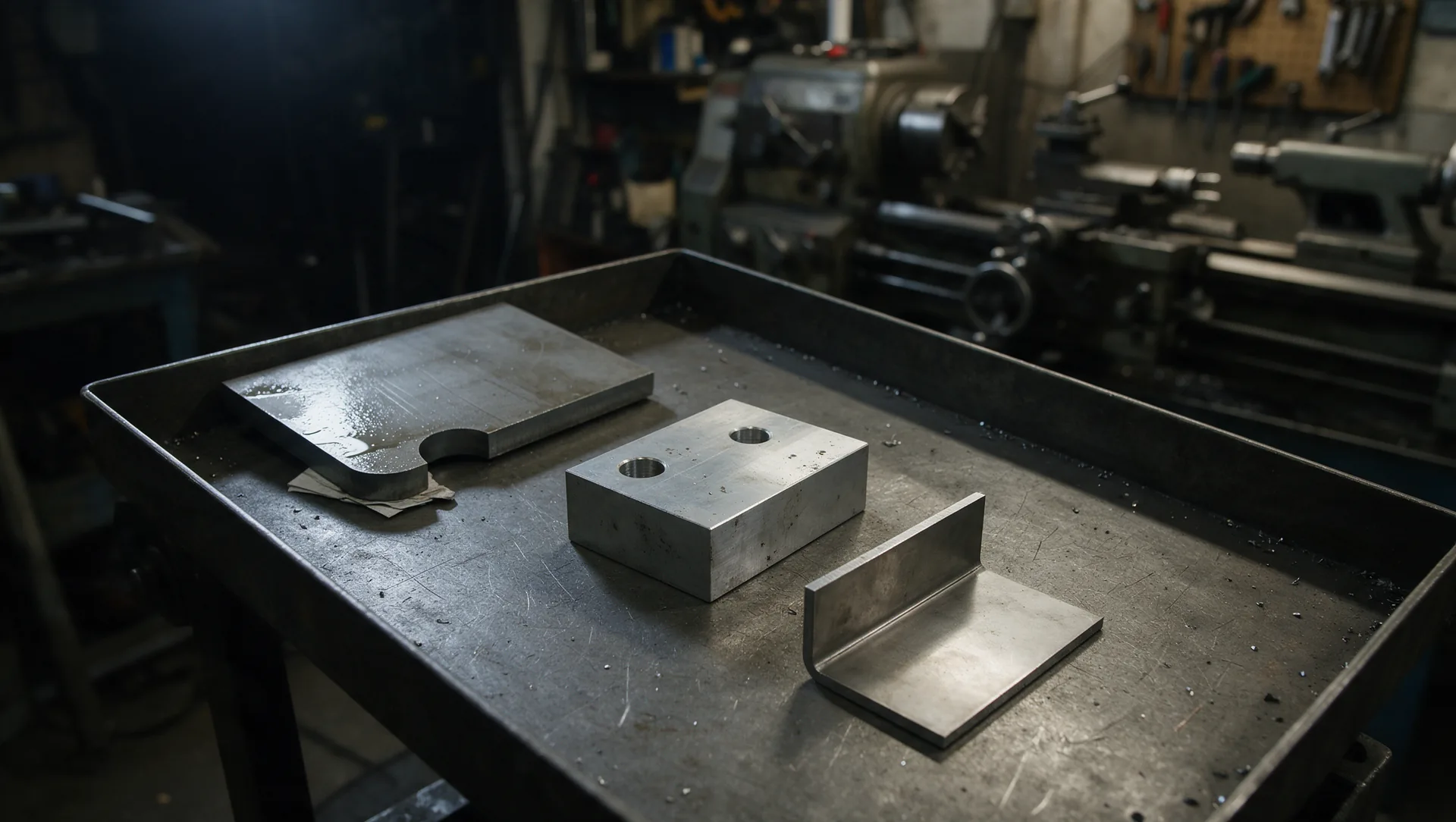 Cut plate, machined block and formed bracket on a shop tray