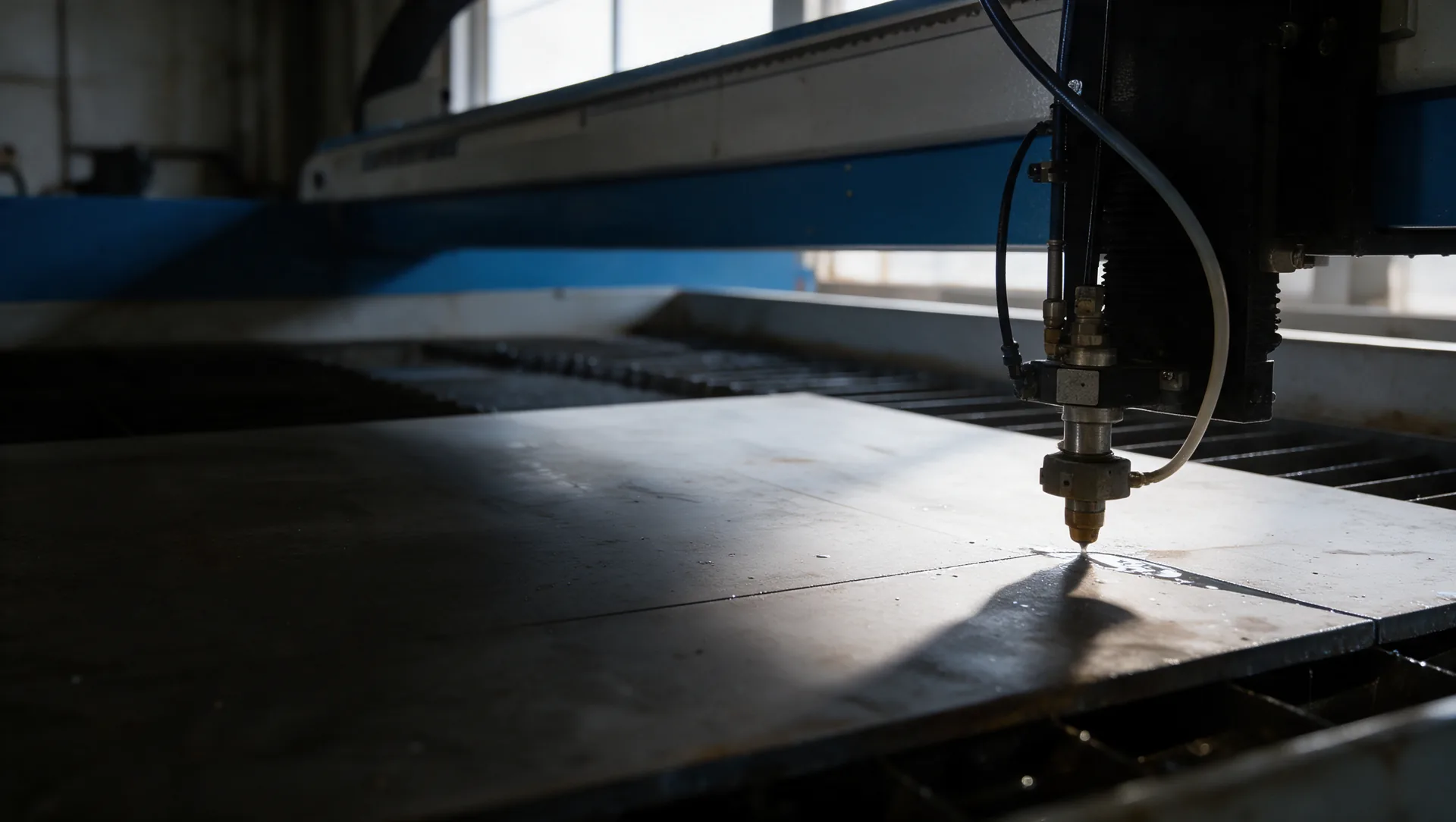 Paused waterjet head above a wet cut path
