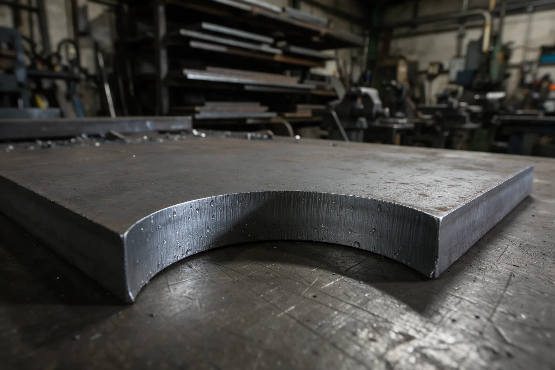 Striated edge of a flat notched steel plate