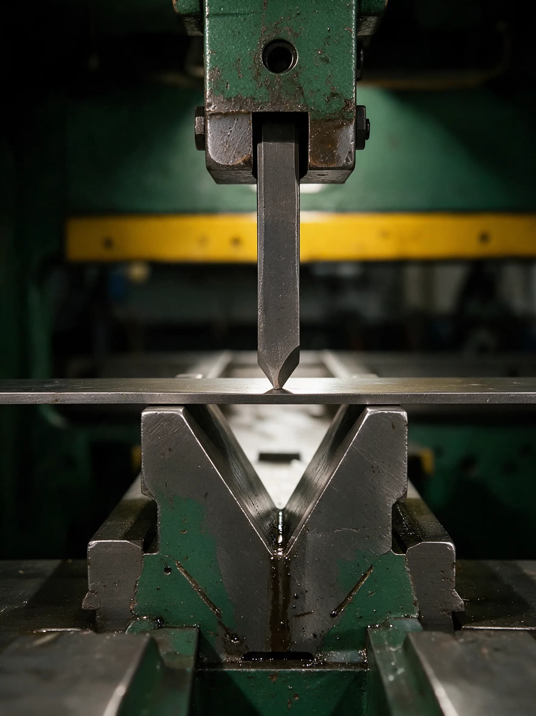 Press-brake punch aligned above sheet and a V die
